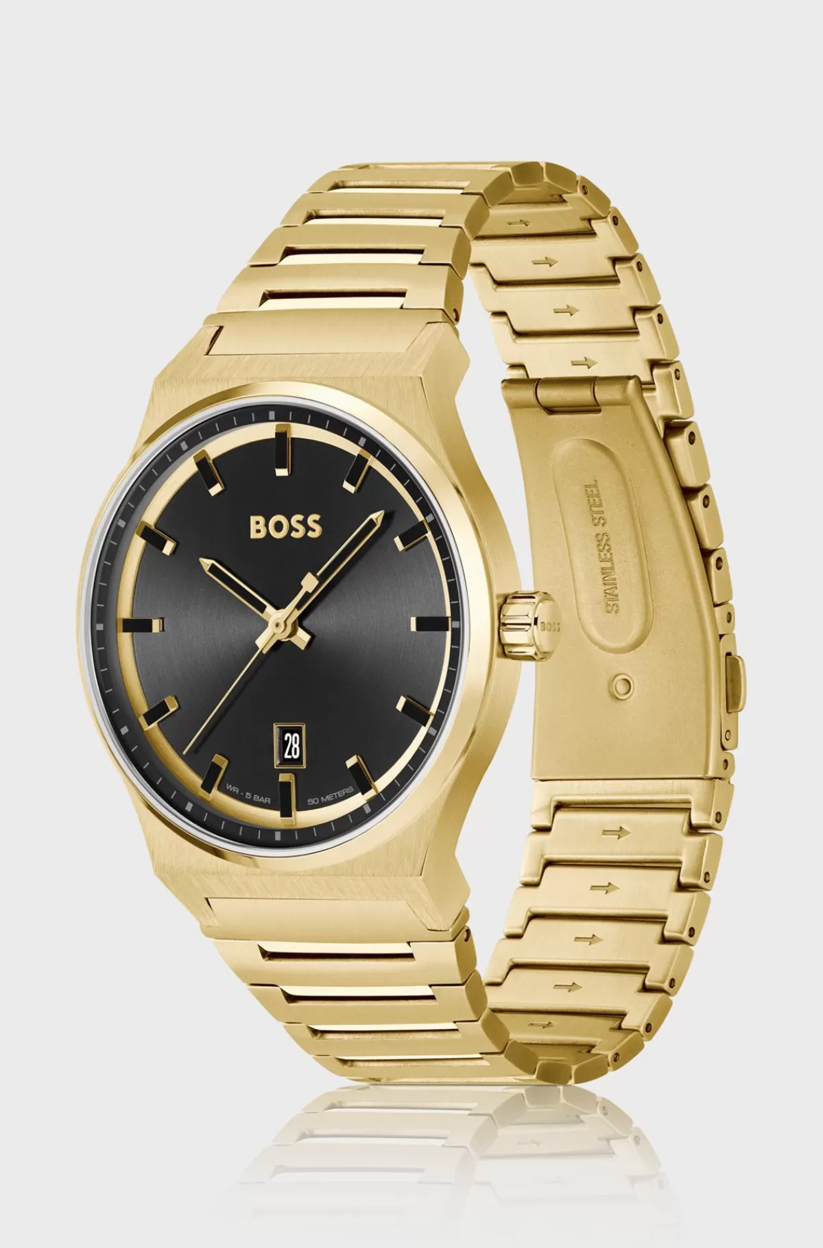 HUGO BOSS Ur Med Sort Urskive Og farvet Lænkerem Guld Clearance