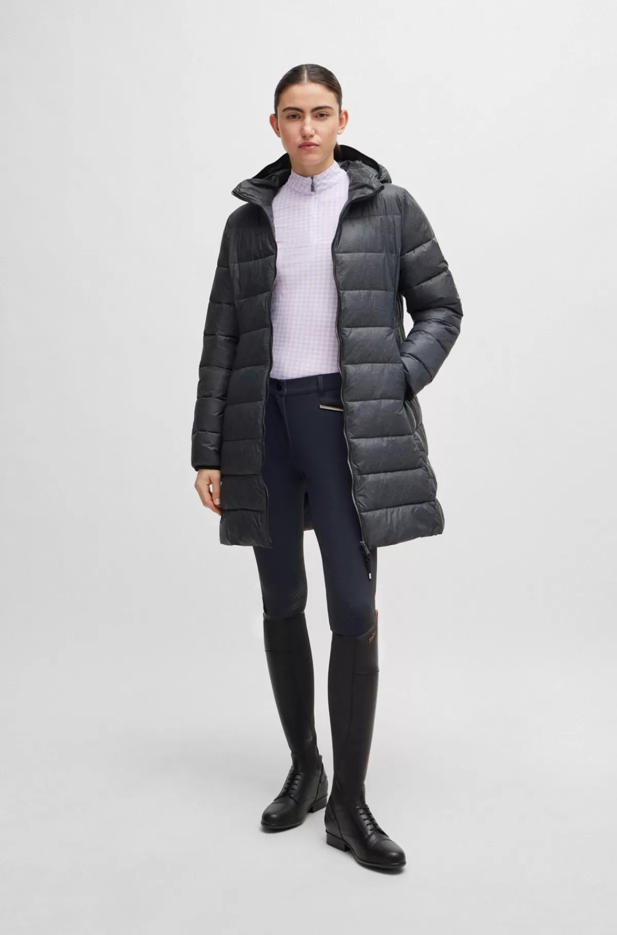 HUGO BOSS Vandafvisende Dynejakke Til Hestesport Med Hætte Og Justerbare Lynlåse Sølv Shop