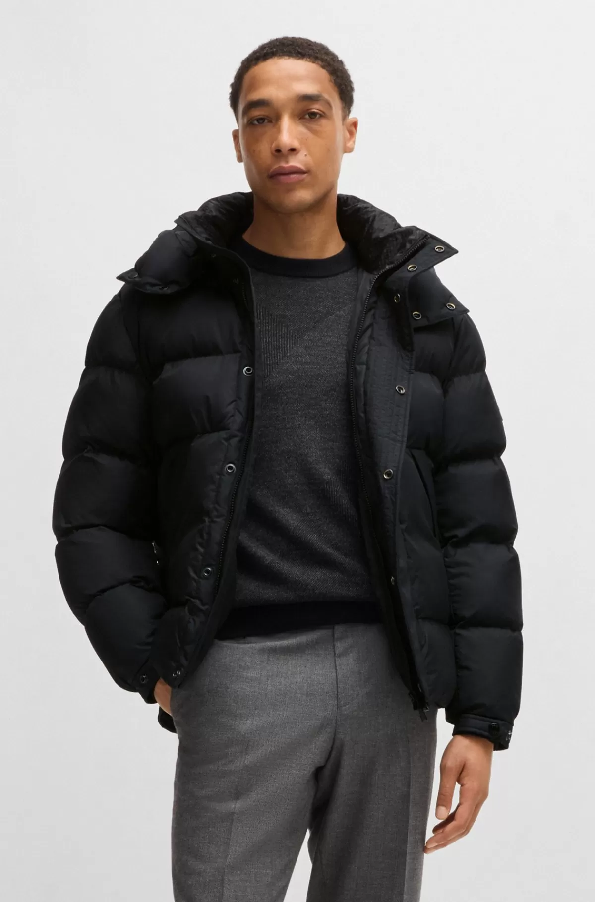 HUGO BOSS Vandskyende Dunjakke Med Aftagelig Hætte Sort Discount