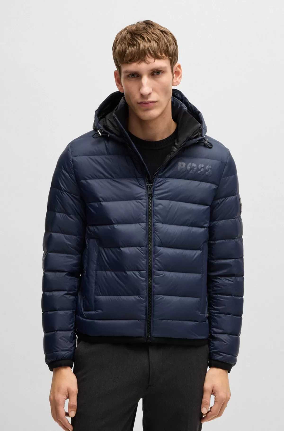 HUGO BOSS Vandskyende Dunjakke Med Tone-i-tone Logo Mørkeblå Cheap