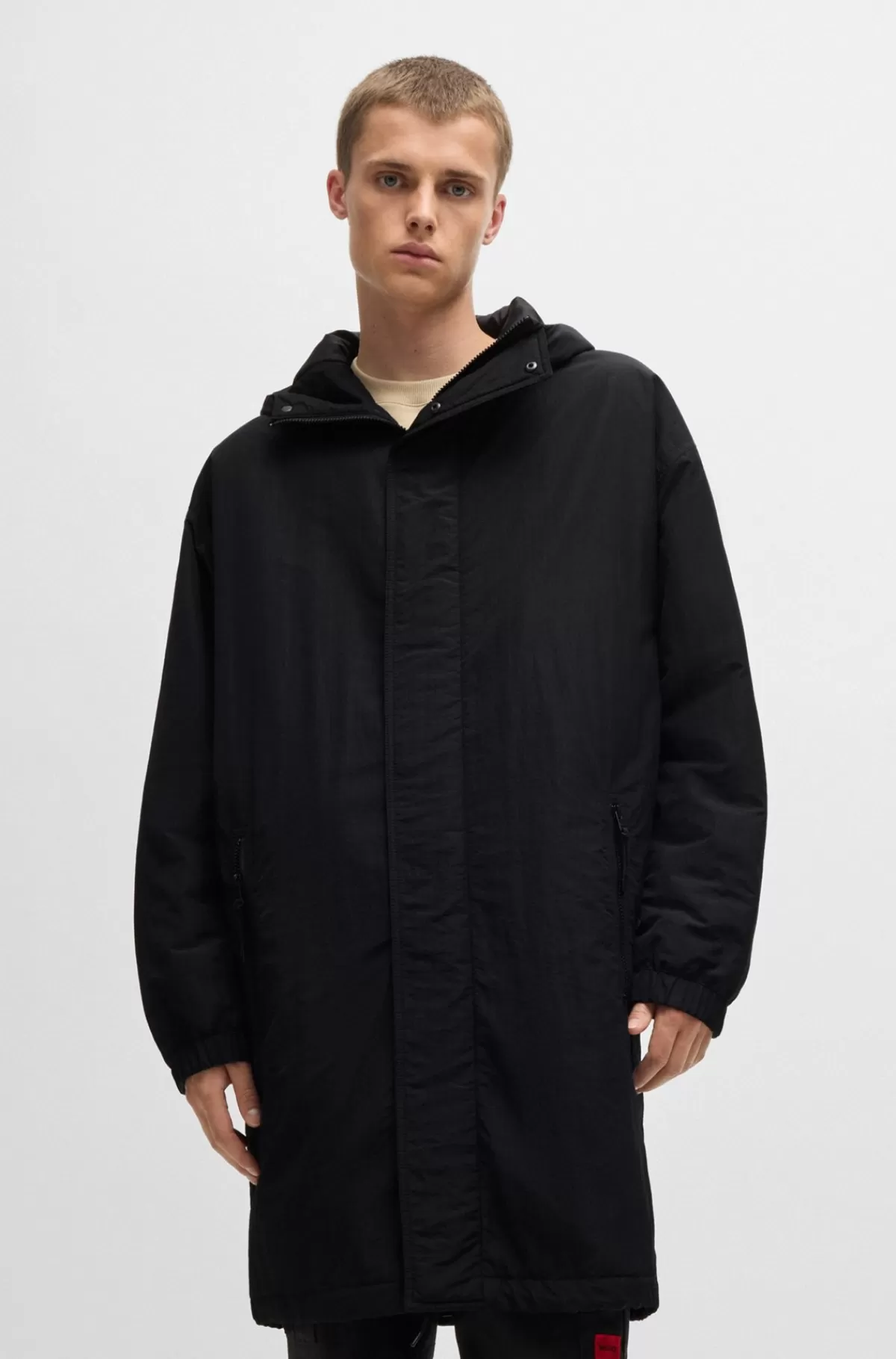 HUGO BOSS Vandskyende Frakke Med Relaxed Fit Og Logomærkat I Gummi Sort Best Sale