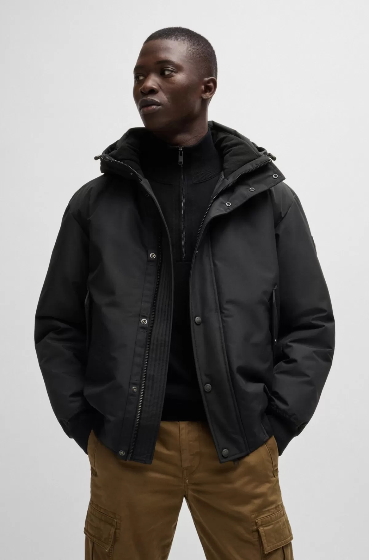 HUGO BOSS Vandskyende Parkajakke Med Kravefor I Polarfleece Sort Fashion