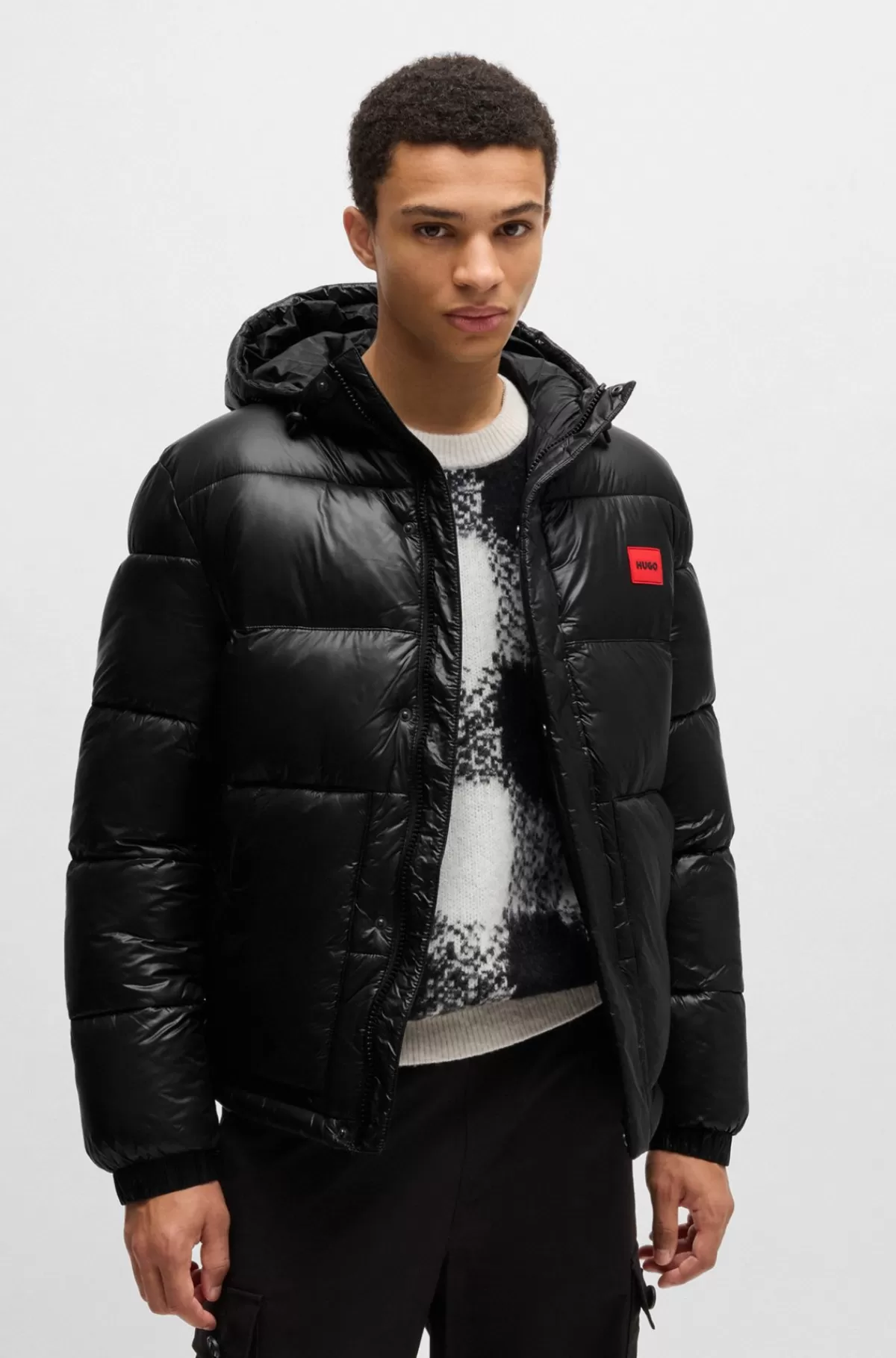 HUGO BOSS Vandskyende Puffer-jakke Med Rødt Logomærke Sort Cheap