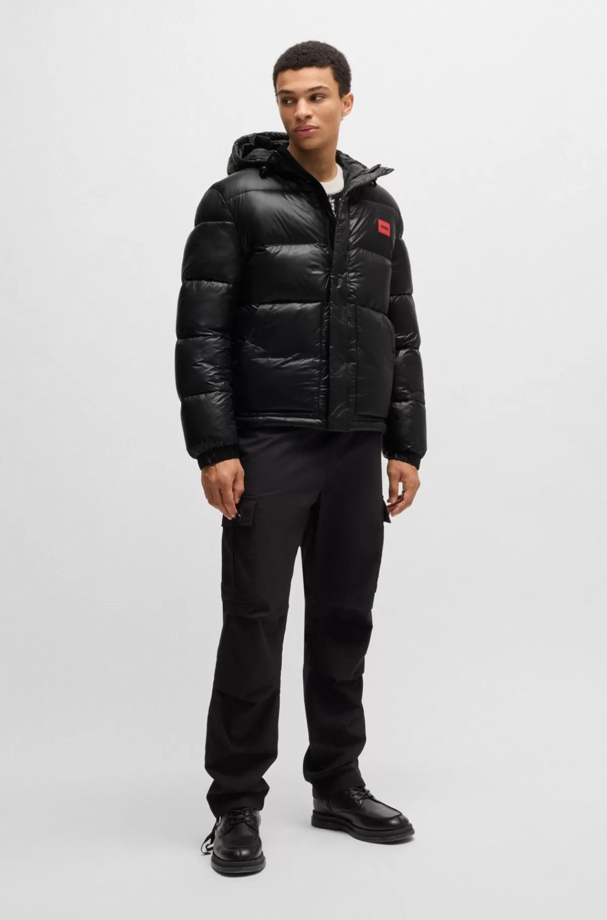 HUGO BOSS Vandskyende Puffer-jakke Med Rødt Logomærke Sort Cheap