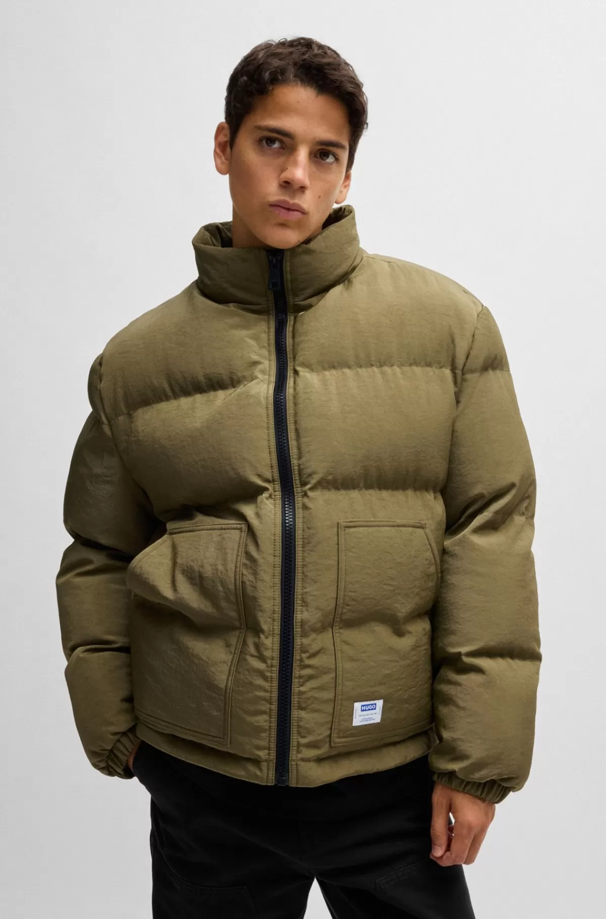HUGO BOSS Vandskyende Regular Fit Dunjakke Og Logomærkat Kaki Best
