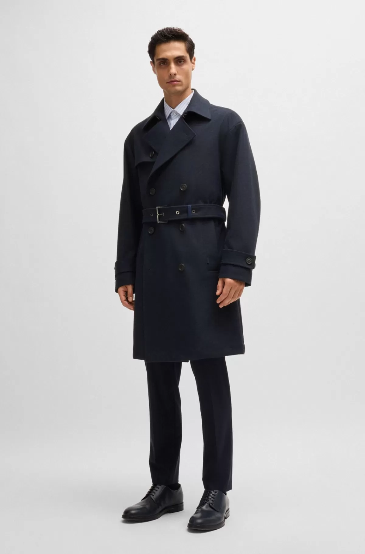 HUGO BOSS Vandskyende Trenchcoat I Flannel Med Stræk Mørkeblå Outlet