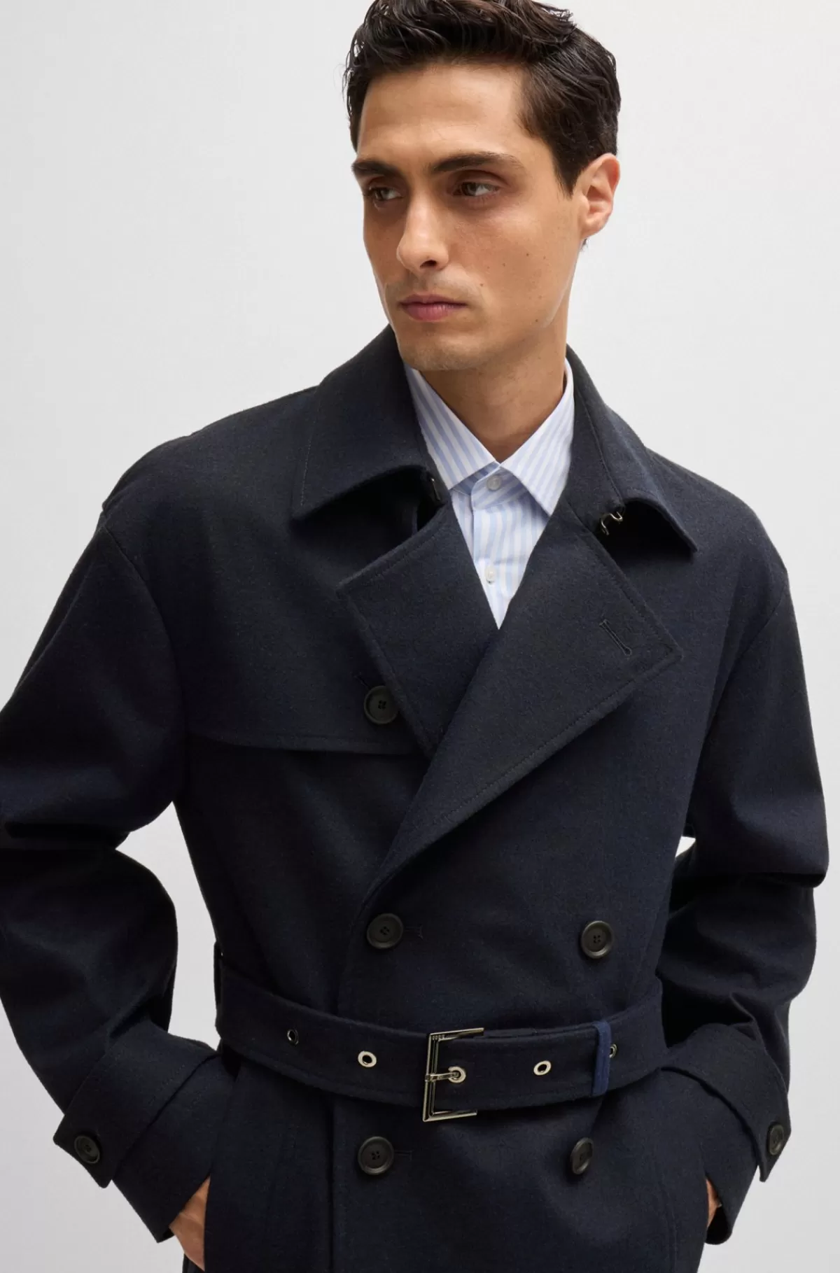HUGO BOSS Vandskyende Trenchcoat I Flannel Med Stræk Mørkeblå Outlet