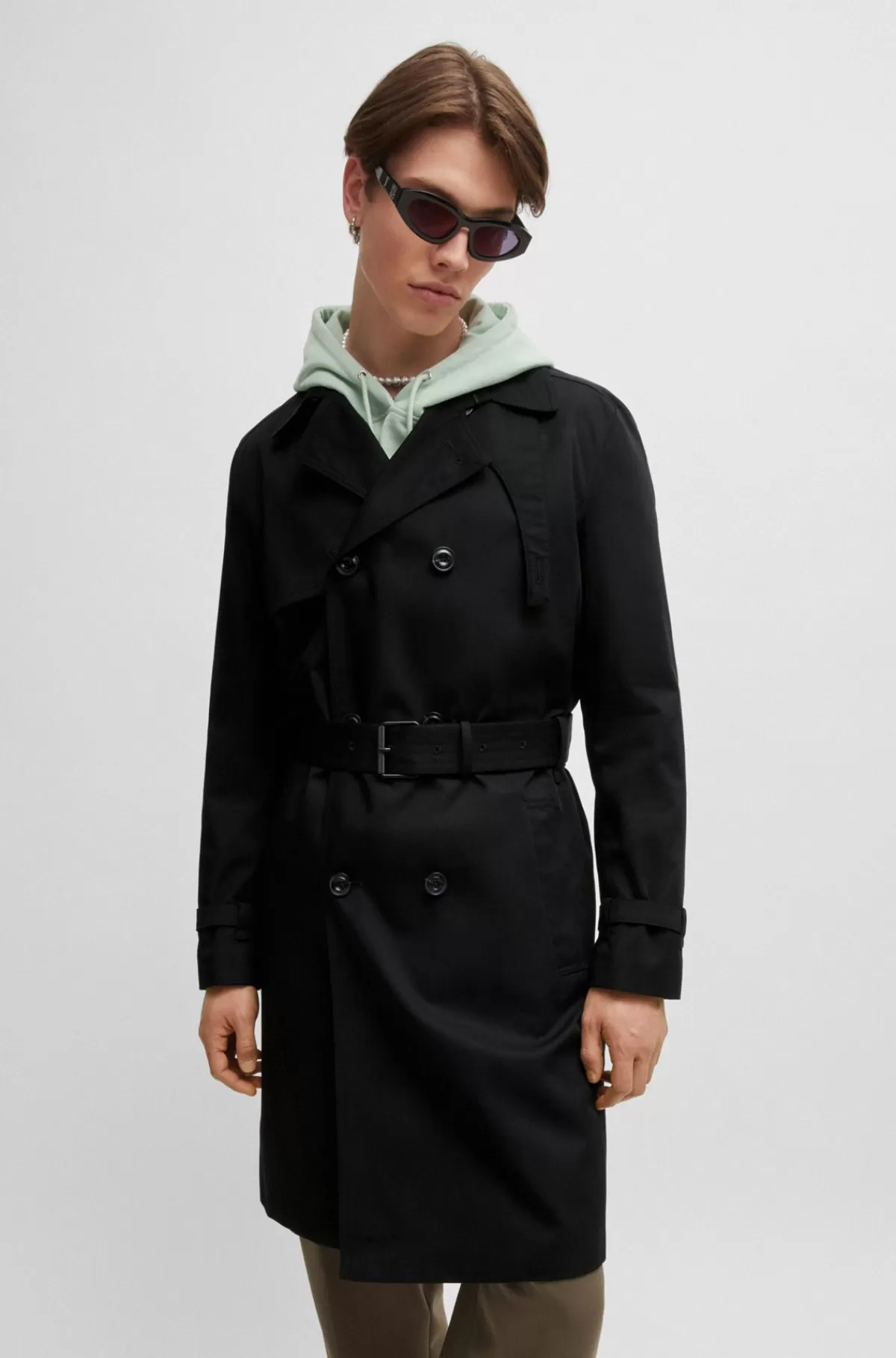 HUGO BOSS Vandskyende Trenchcoat Med Bælte Og Spænde Sort Clearance