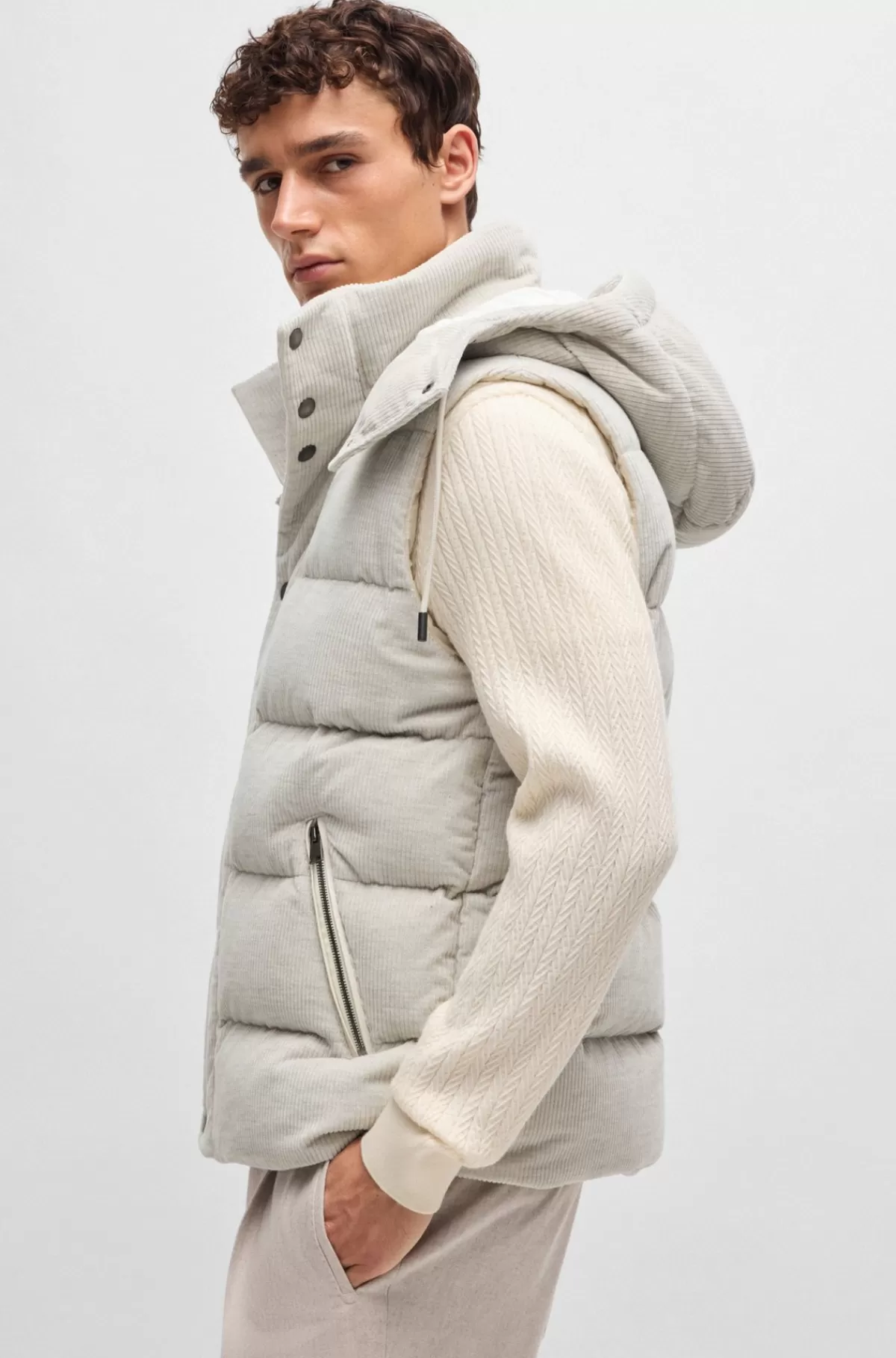 HUGO BOSS Vatteret Vest Med Aftagelig Hætte I Fløjl Af Bomuld Og Kashmir Naturlig Cheap