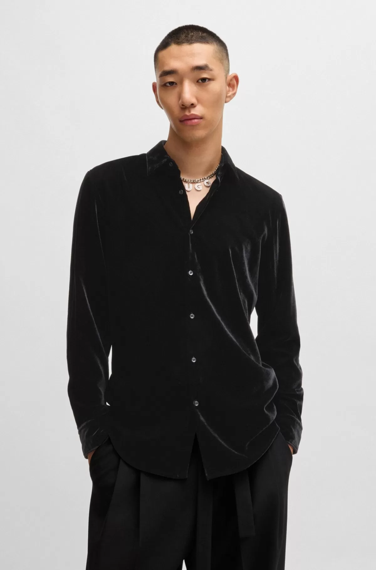 HUGO BOSS Velourskjorte Med Slim Fit Sort Hot