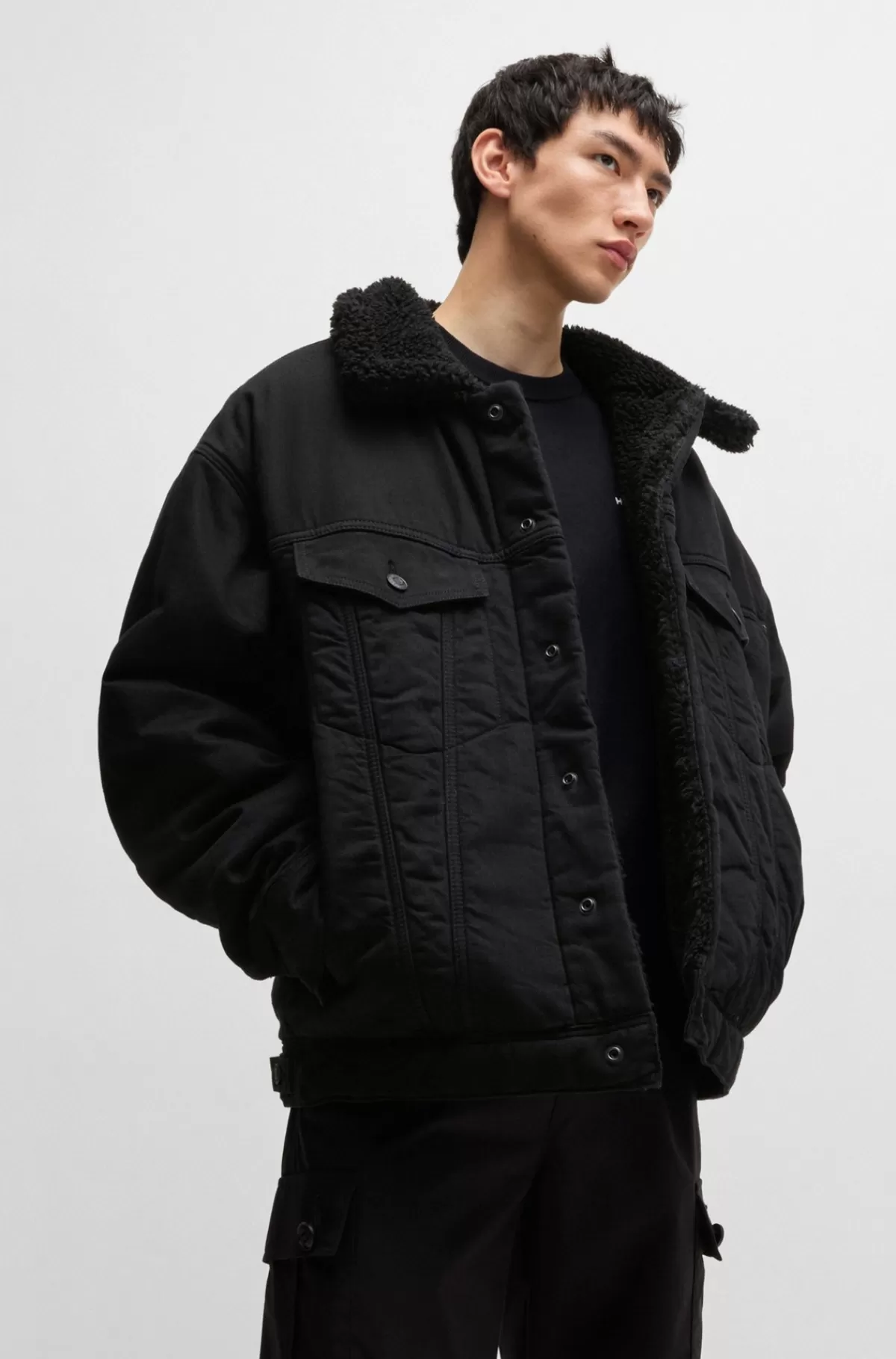 HUGO BOSS Vendbar Truckerjakke I Denim Med Teddykrave Sort New