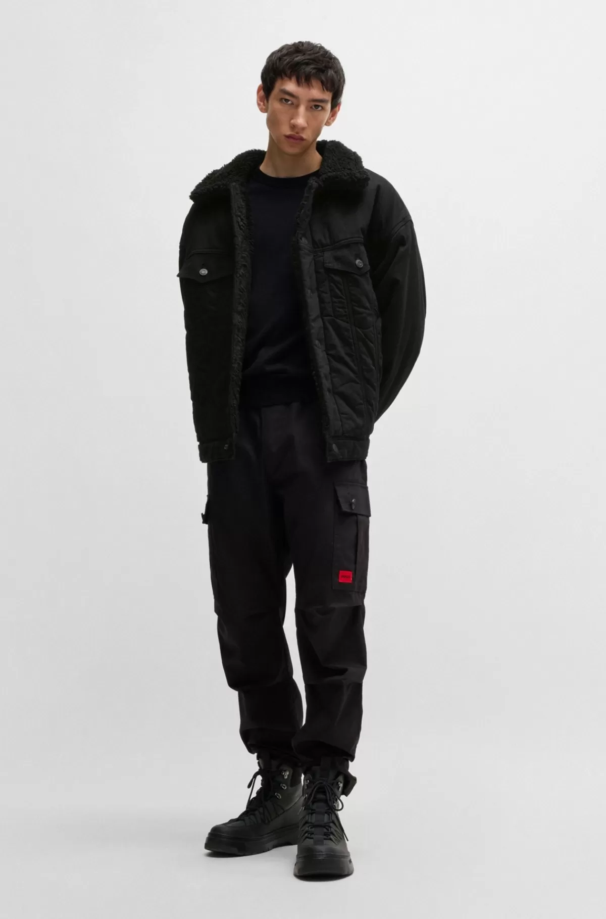 HUGO BOSS Vendbar Truckerjakke I Denim Med Teddykrave Sort New