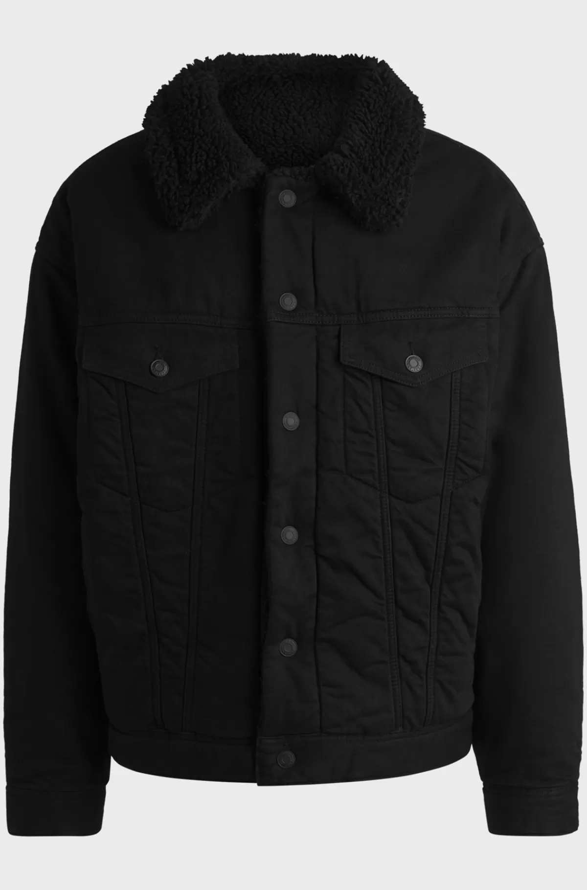 HUGO BOSS Vendbar Truckerjakke I Denim Med Teddykrave Sort New