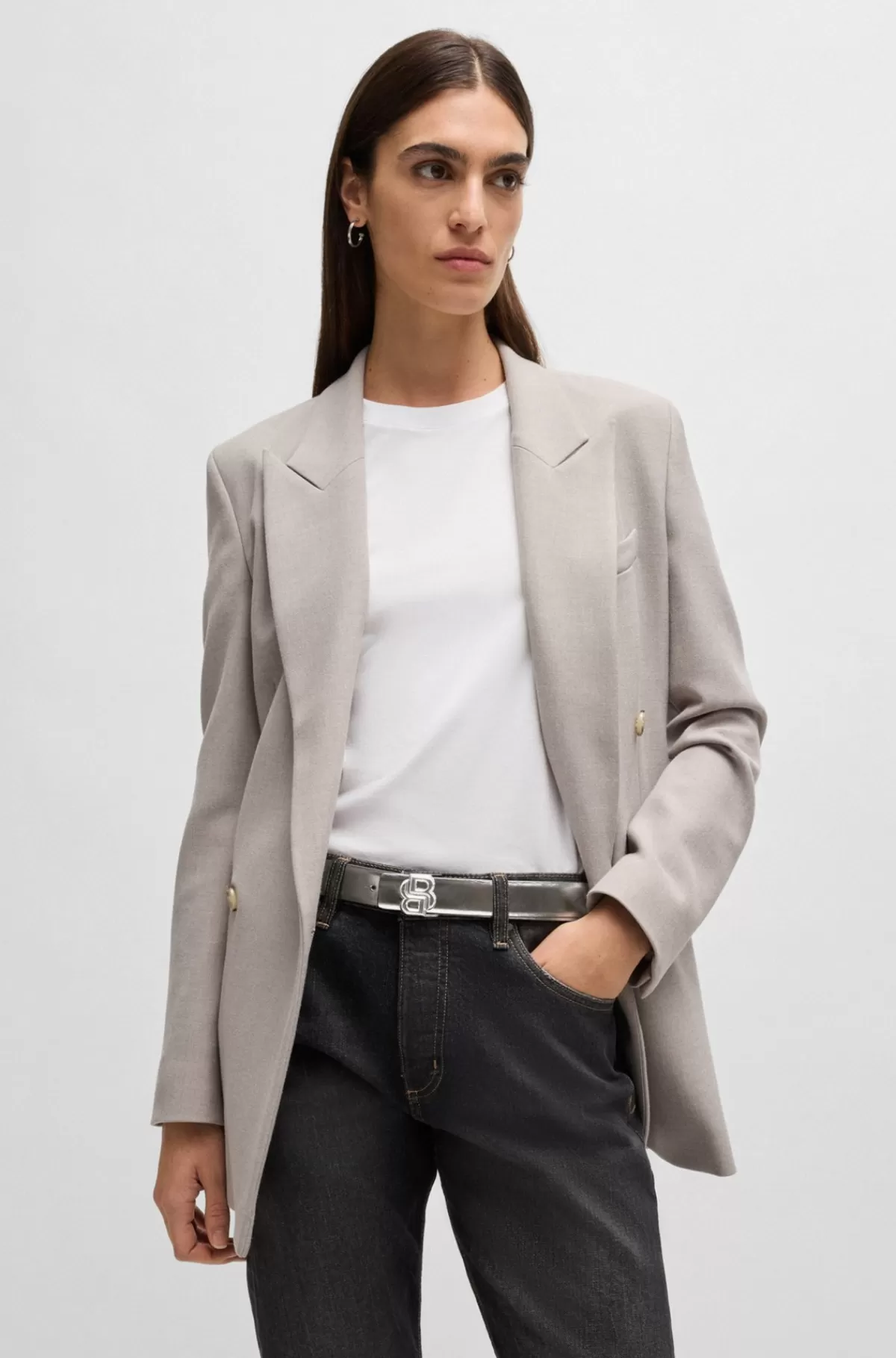 HUGO BOSS Vendbart Bælte I Læder Med Spænde Med Dobbelt B-monogram Sort/grå Flash Sale