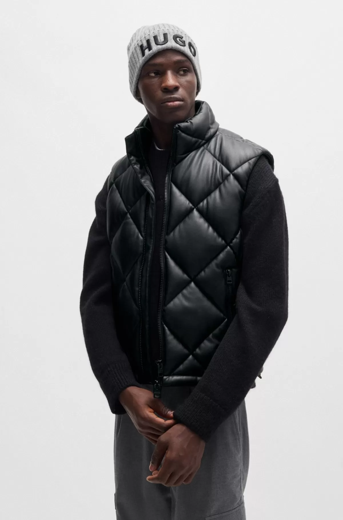 HUGO BOSS Vest I Imiteret Læder Med Stablet Logo Sort New
