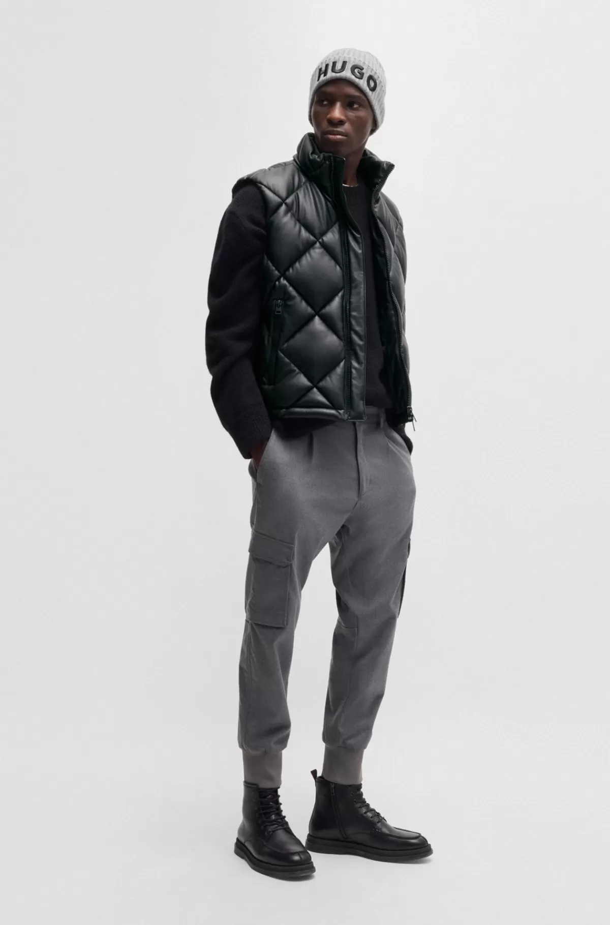 HUGO BOSS Vest I Imiteret Læder Med Stablet Logo Sort New