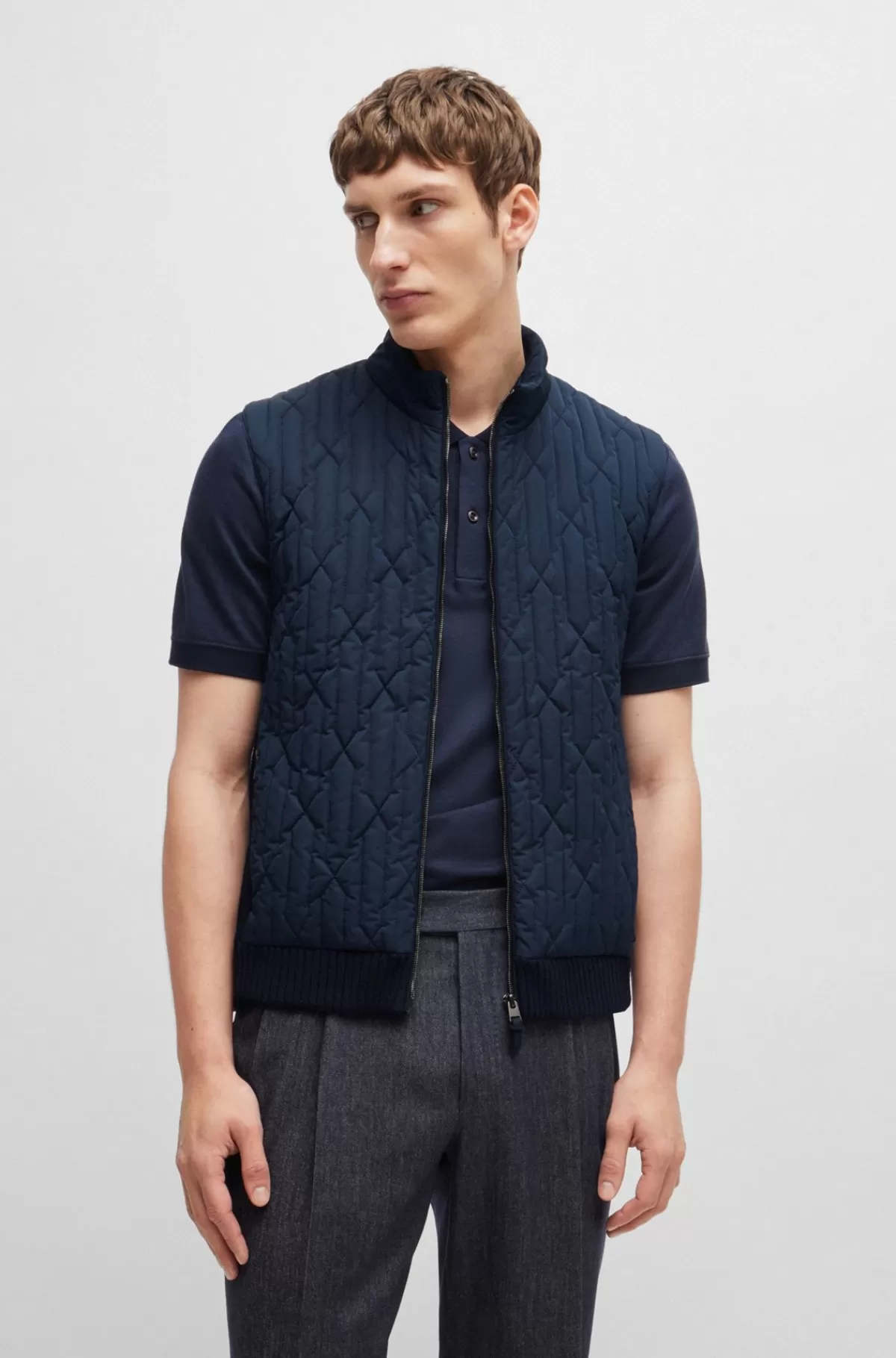 HUGO BOSS Vest Med Regular Fit I Bomuldsuld Og Med Quiltet Look Mørkeblå New