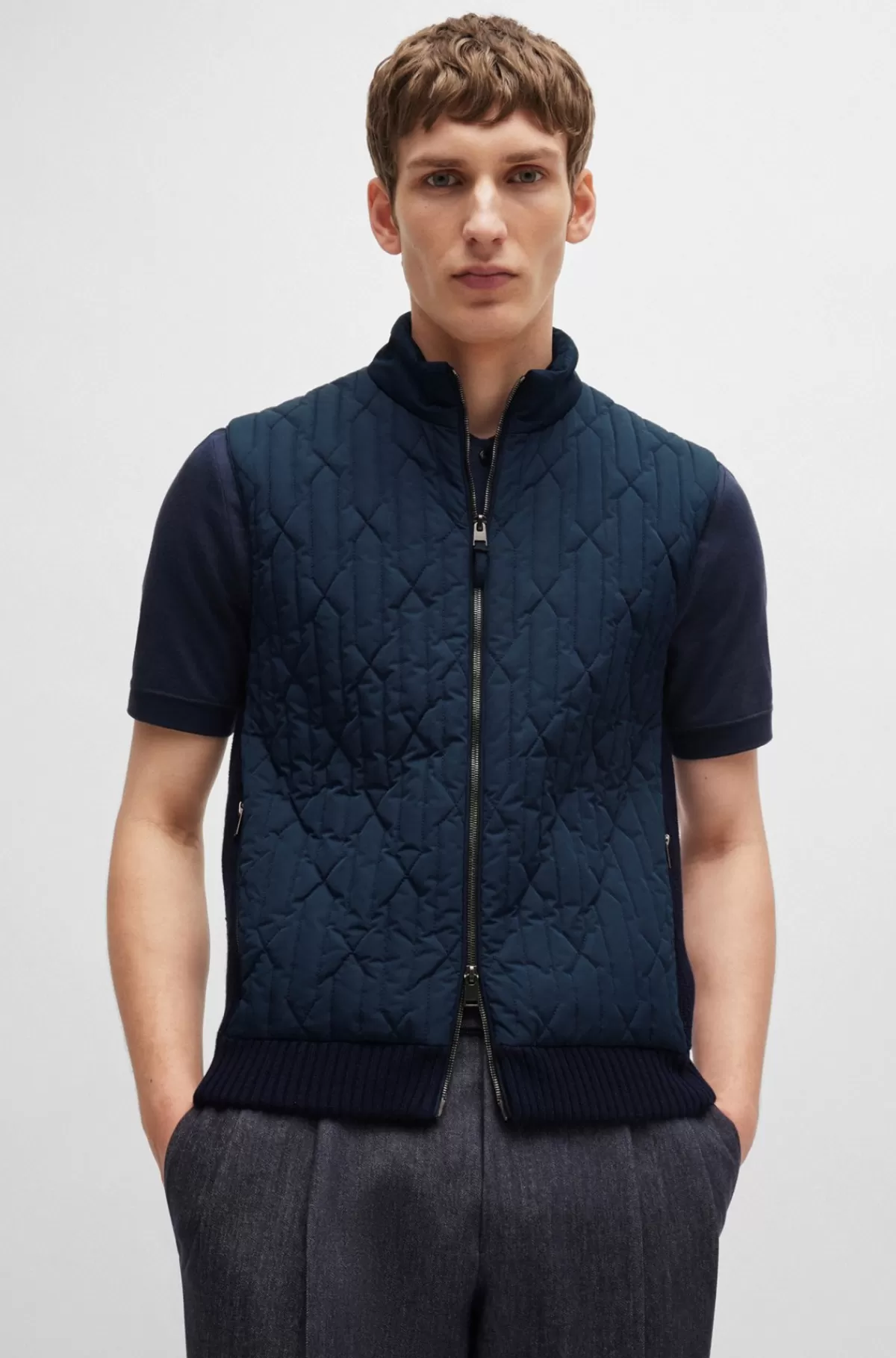 HUGO BOSS Vest Med Regular Fit I Bomuldsuld Og Med Quiltet Look Mørkeblå New