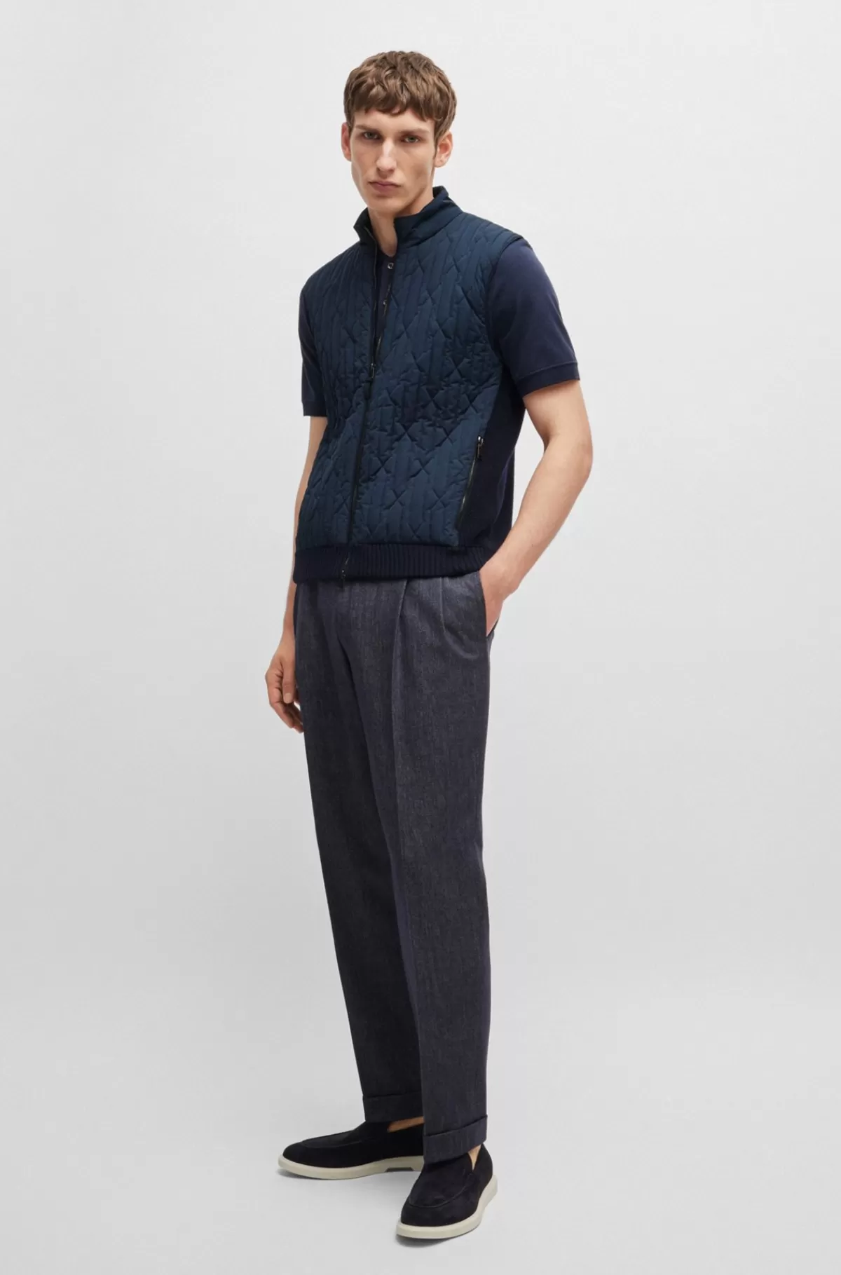 HUGO BOSS Vest Med Regular Fit I Bomuldsuld Og Med Quiltet Look Mørkeblå New