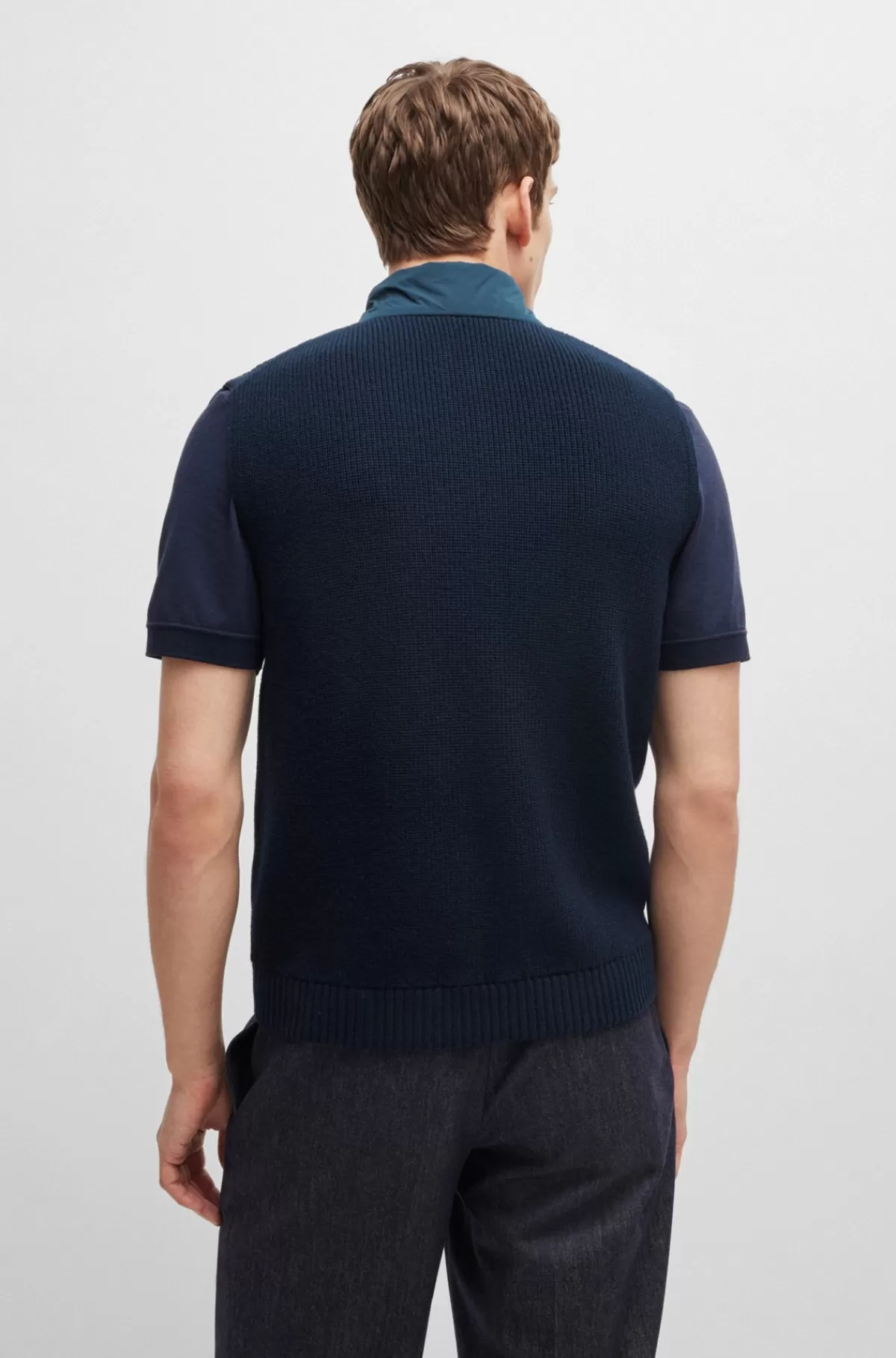 HUGO BOSS Vest Med Regular Fit I Bomuldsuld Og Med Quiltet Look Mørkeblå New