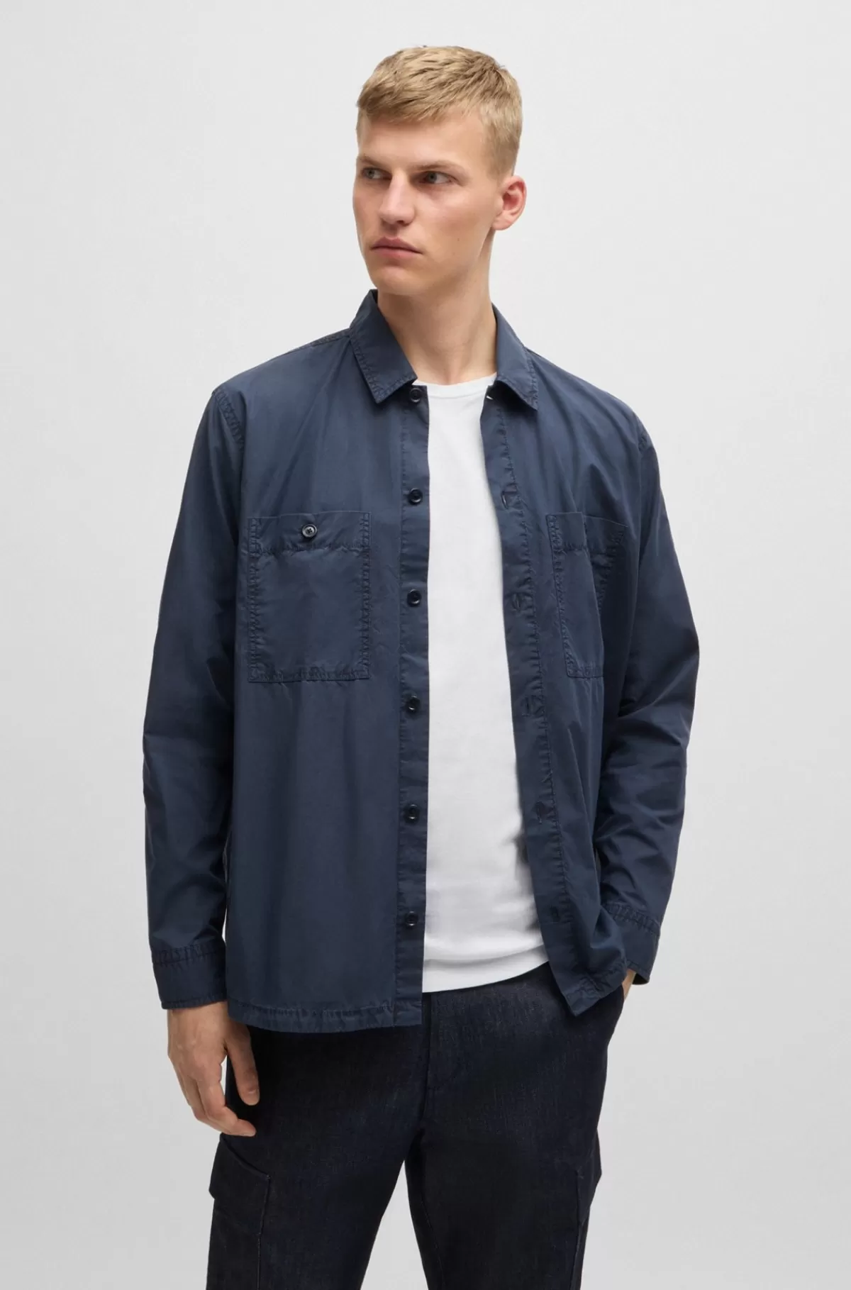HUGO BOSS Yderskjorte Med Oversize Fit I Bomuldspoplin Mørkeblå Hot